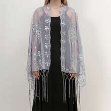 Women Summer Scarf, Elegant Sequins Tasseled Shawl Wraps Stoles For Casual Beach - Xám - Xem 2