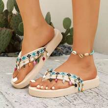 1 Pair Tasseled Slides, Suitable For Beach, Vacation, Spring And Summer - White - View 2