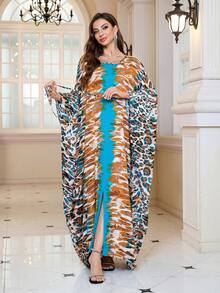 Women's Elegant Leopard Print Kaftan Dress Plus Size Summer Bohemian Belted Modest Dress Long Home Holiday Dresses Outfits - Multicolor - View 2
