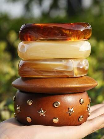 5 piezas/4 piezas/1 pieza Pulseras anchas de resina asimétricas de madera de pino natural, estilo europeo y americano popular, adecuadas para ropa diaria, ropa festiva, estilo bohemio. (La madera de pino natural, las vetas y las marcas de la madera son normales)