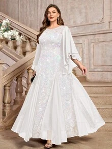 Elegant Sequin Floral Lace Butterfly Sleeve Chiffon Contrast Color Mesh Mermaid Hem Evening Maxi Dress, White Party Gown, Wedding Dress, Bridal Gown - White - View 7