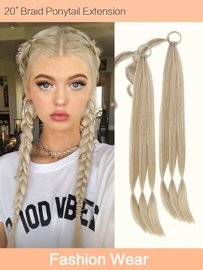 2PCS Braid Ponytail Extension With Elastic Tie Straight Sleek Wrap Around Braid Hair Extensions Ponytail Natural Soft Synthetic Hairpiece Mix Blonde 20 Inch(After Braided 18 Inch)