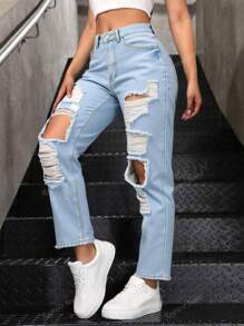 1 pieza pantalon de mom,rigido con rotos para mujer