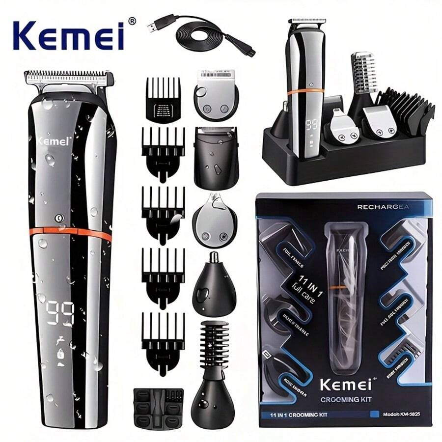 Kemei KM-5898 Men's Electric Shaver, With LCD Display, 11-In-1 Professional Grooming Kit, Cordless Grooming Set, Turbo Boost High-Speed Precision Blades, Washable Grooming Tool, Gift For Men