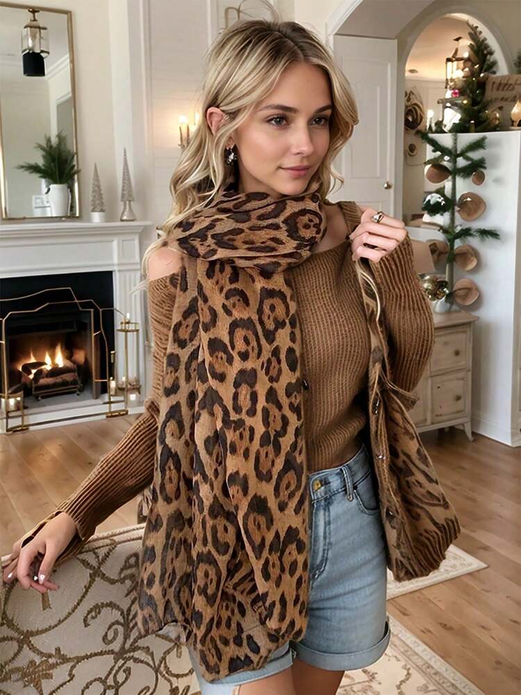 1pc Vintage Zebra And Leopard Print Scarf/Shawl - Brown - View 6