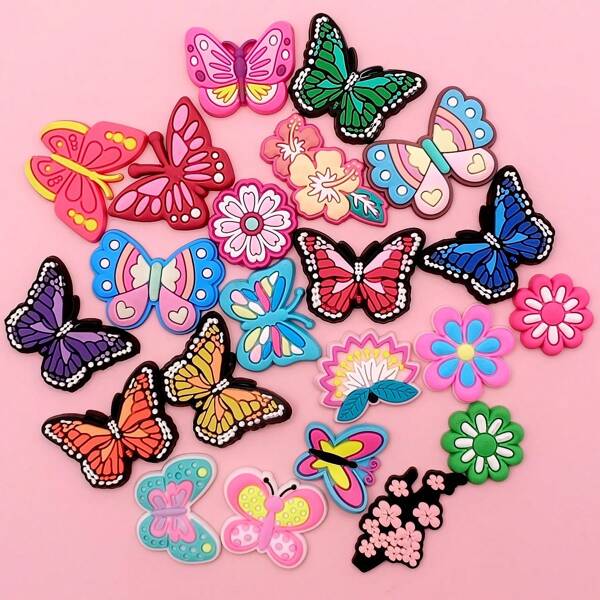 [Butterfly & Flower Designs Charms] 22pcs/Set PVC Shoe Charms Set, Assorted Butterfly & Flower Designs, Insect-Themed Accessories, For Sneakers, Bracelets, Wristbands With Valentine's, Christmas, Mother'S Day Gifts