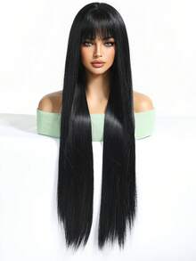 24 英寸黑色长直发合成假发带刘海自然黑色耐热纤维头发全机器制作角色扮演派对假发适合时尚女性日常校服使用