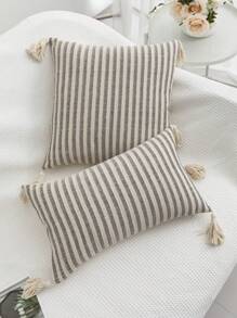 1 pieza/2 piezas Fundas de cojín con estampado de rayas grises y blancas, de tela de lona de algodón, con diseño de flecos en las cuatro esquinas, efecto bicolor, estilo nórdico para sala de estar, sofá, dormitorio, 30*50cm, 45*45cm