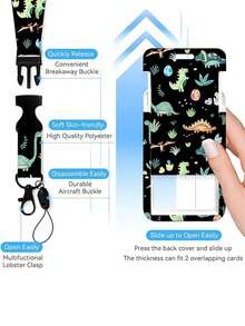 2pcs Cute Dinosaur Lanyard With Card Holder, Retractable ID Badge Reel, Detachable Lanyard, Fashion Badge Reel, Heavy Duty With 360 Degree Swivel Carabiner Clip, Suitable For School ID, Access Card, Key Card - Dark Green - View 5