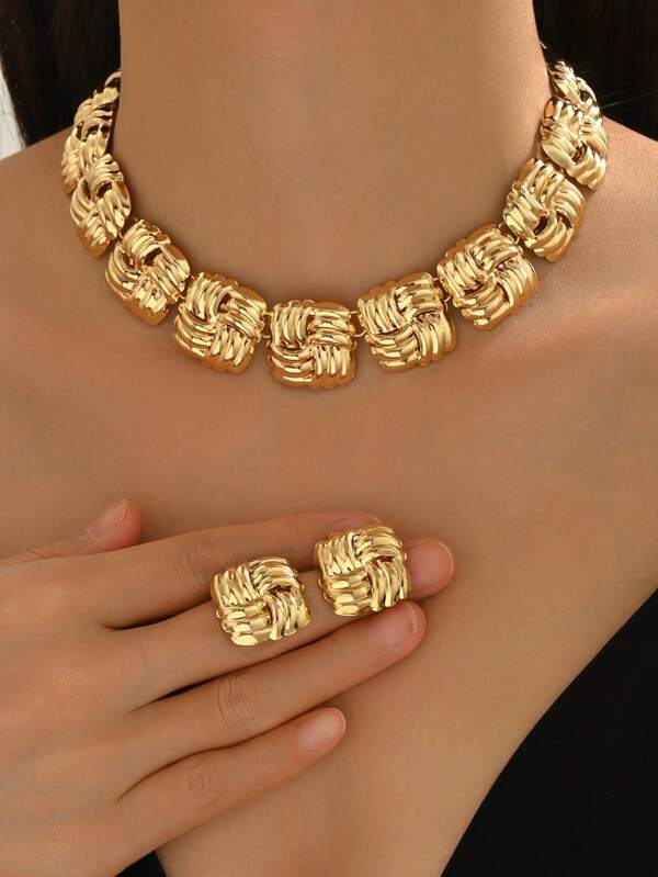 1 Set Fashion Versatile Geometric Lattice Knitted Button Necklace & Earrings Jewelry Set, Casual Daily Party Accessory Gift For Women