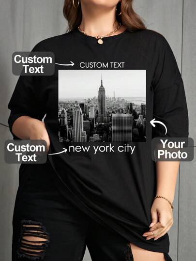 Customized Loose Fit Women's T-Shirt, Upload Your Own Image/Photo/Scenery, Personalized Text/Birthday Wishes/Quotes/Slogans, Plus Size Women Casual Plus Size Crew Neck T-Shirt, Women Black Top, Anniversary Gift, Valentine's Day Gift, Holiday Gift, Spring Wear, Summer Fashion, Special Gift, Creative Gift, Couples Set, Best Friend Set, Team Building Uniform, Corporate Custom