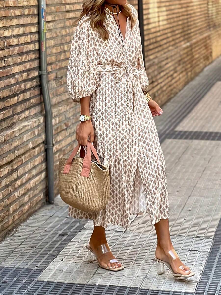 Vestito da donna decorato con cintura, adatto per vacanza e uso casual quotidiano
