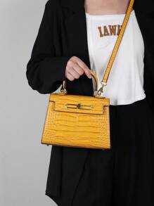 Bolso de moda para mujer de alta gama 2025, bolso de hombro/cruzado de lujo minimalista cuadrado, versátil para la oficina, de patrón de piel de cocodrilo amarillo retro y platino