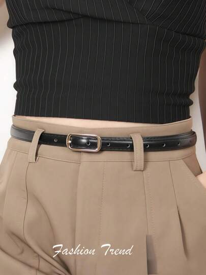 1pc Women's Adjustable Slim Waist Belt, Dress Cinched Waist Belt, Women Plain Color Metal Buckle Jeans Waist Belt, Elastic Waistband Punk Decor Wide Waist Strap, Cinching Buckle Closure Narrow Skinny Leather Belt Decoration For Dress And Top Fall, Autumn, Halloween