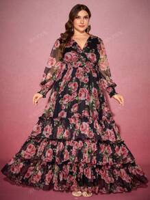 Abito lungo ed elegante da donna taglie forti, con scollo a V incrociato, maniche a lanterna e stampa casuale di fiori