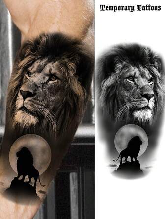 1 Sheet Lion Temporary Tattoos For Women Men Arm Thigh Legs Forearm, Realistic Waterproof Fake Tattoo Stickers, Long Lasting Temp Half Arm Sleeve Tattoos For Adults