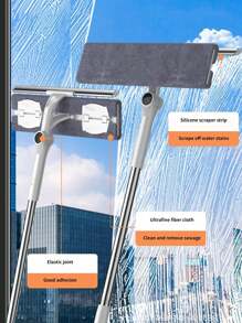 1 Set Of 360° Swivel Head Squeegee With Retractable Handle, Double-Sided Window Cleaner With Scrubbing Pad And Rubber Blade, Plastic And Stainless Steel, Suitable For Outdoor And Bathroom Glass Cleaning (Original Cloth Already Installed On The Product Mop Head)