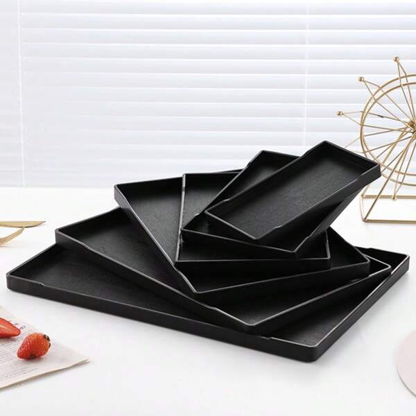 1pc Thicker Rectangular Black PP Material Tray, Vintage Chinese Style Faux Wooden Grain Tray For Tea Cups, Coffee Cups, Plates, Bathroom Essentials, Various Sizes Of Service Trays, Suitable For Hotel, Restaurant, Living Room, Commercial/Household/Wedding Use