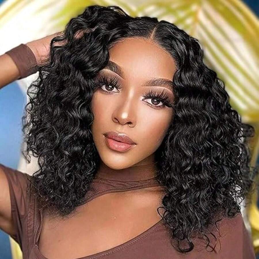 Bob Wigs Water Wave Lace Front Human Hair Wig 13x6 HD Lace Preplucked With Baby Hair Bleached Knots Invisible Lace 250Density Bob Hair Wig - Natural Black - 查看 1