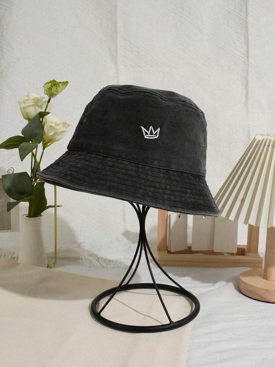 Sombrero de pescador de mezclilla lavada bordado con corona, apto para uso diario - Negro - Ver 1