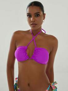 Summer Sexy Bikini Swimwear, Random Print Hollow Out Strap Beach Holiday Swimwear - Purple - View 4