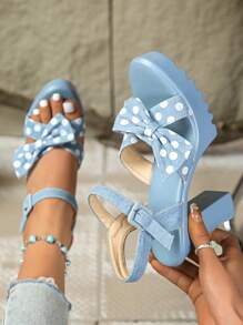 Damen High Heel Sandalen, Sommer 2025 Neuer Stil, Blaue Jeans High Heel Sandalen, Runde Zehenkappe offene Zehenkappe, Polka Punkt Schleifen Riemen Schnalle offener Absatz, geeignet für den täglichen Gebrauch, Urlaub, Niedlich, Elegant, Modische Sandalen, Blaue High Heels, Damenschuhe in Große Größen