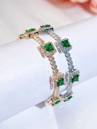 SEQUITO 1pc Luxury Golden Silvery Jewelry Micro Pave Bling AAAAA Cubic Zirconia Setting Green Princess Cut Stone Fashion Tennis Bracelet Engagement Gift