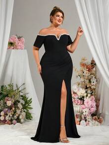 EVERLYL Vestido elegante de verano de punto con hombros caídos, escote en V, diseño de perlas, borde envuelto a la cadera y abertura cruzada, adecuado para invitados de boda, vestidos de graduación, cena