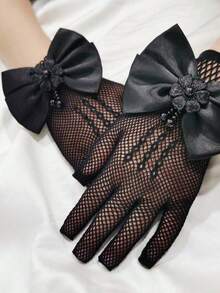 1 Pair Children's Bow Decor Hollow Out Breathable Princess Party Gloves, Fashion & Versatile For Party, Wedding - Black - View 5