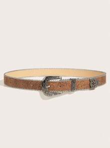 1 pièce Ceinture en cuir à la mode de style occidental rétro avec boucle à imprimé floral argent, pour l'été et l'école