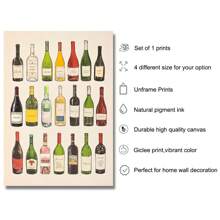 1 pezzo cartellone quadro di arte da muro della cucina con stampa su tela di bottiglie di vino senza cornice, grafica minimalista di diagramma vini per carrello bar, dipinto retrò per appartamento, soggiorno, sala da pranzo, decorazione moderna per la casa