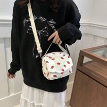 Corduroy Cute Strawberry Printed Fashion Handbag, Versatile Small Square Bag, Portable Clutch Shoulder Crossbody Bag