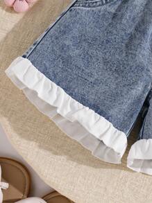 Shorts vaqueros blancos informales y lindos con dobladillo fruncido para niña, primavera/verano
