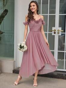 EVERPRETTY 秋季花朵露肩淡粉色伴娘礼服，露背设计，闪亮优雅礼服，婚礼宾客礼服 - 藕粉色 - 查看 10