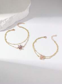 1 peça pingente minimalista brilhante de zircônia cúbica colorida com 6 pétalas de flor e pulseira de corrente multicamadas para mulheres e meninas