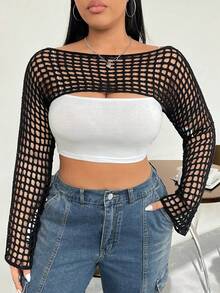 MOXDO Women's Long Sleeve Crochet Cover-Up Top - Off-Shoulder, Loose Fit, Solid Color, High Stretch Polyester, Casual Beachwear For Vacation Style - 黑色 - 查看 4