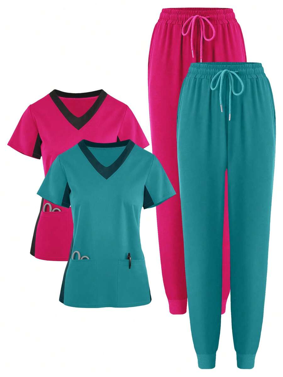 (Four-Piece Set) Scrubs Uniform Women's Running Matte Elastic Sports Nurse Uniform Wash Clothes Work Clothes Breathable Scrub Shirt - 綠色 - 查看 1