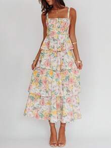Women Summer Spaghetti Strap Tiered Ruffle Dress Casual Sleeveless Floral Layered Maxi Dress For Women Beach Sundress - 紫色 - 查看 2