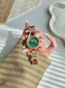 1pc Women Round Elegant Glamorous Quartz Watch, Versatile For Daily Wear Or Gatherings Halloween, Gifts