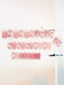 30 件短方形粉色樱花闪光假指甲，闪亮保湿可拆卸美甲装饰，全覆盖指甲片，适合日常佩戴，可重复使用按压式指甲，含 1 件果冻胶棒美甲用品 - 彩色 - 查看 3