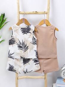 4 pezzi Set casual di moda per bambini maschi: canotta a collo rotondo a costine con stampa a foglia d'acero e tinta unita + pantaloni