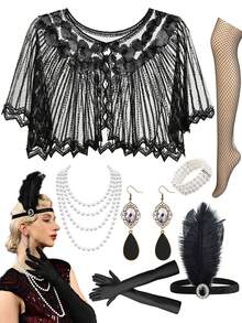 D EXCEED 7PCS Roaring 20s Vintage Accessory Set For Women: Art Deco Headband + Flapper Pearl Necklace + Fishnet Stockings – Great Gatsby Party, Wedding & Prom Essentials – Elegant 1920s Gift For Friends & Mothers