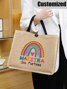 Custom Teacher Tote Bag With Personalized Name - Stylish Shoulder Bag For Educators, Foldable & Lightweight - Khaki - View 3