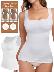 Square Collar Camisole Tops For Women Smooth Compression Tank Top Slimming Body Shaper Yoga Fitness Daily Vest - White - View 1