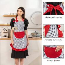 1 件 76 * 77 厘米（约 29.92 * 30.31 英寸）黑色波尔卡圆点围裙，采用优质面料制成，复古时尚波尔卡圆点，全方位保护，可调节肩带设计，适用于厨房、烘焙、绘画和手工艺，是家庭主妇和专业厨师的理想选择 - 彩色 - 查看 1
