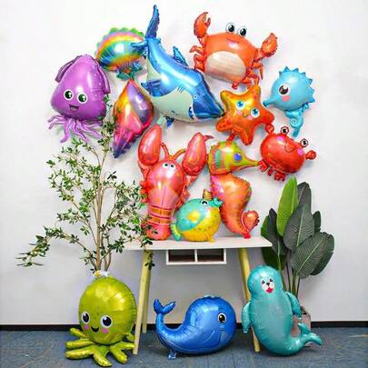 Set de 10 globos de aluminio con forma de animales marinos, incluyendo estrellas de mar, calamares, caballitos de mar, cangrejos, peces globo, adecuados para graduación, boda, temas oceánicos, animales, playa, piscina, verano, cumpleaños, festividades, decoración interior y exterior