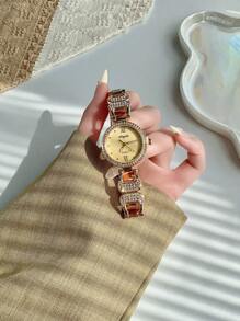 1pc Women Round Elegant Glamorous Quartz Watch, Versatile For Daily Wear Or Gatherings Halloween, Gifts