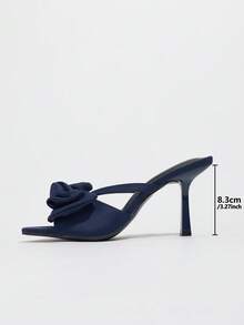 Giày cao gót mũi nhọn đính nơ trang trí cho nữ, phong cách tiệc tùng, chất liệu satin xanh navy, mùa hè và thu - Màu xanh hải quân - Xem 5