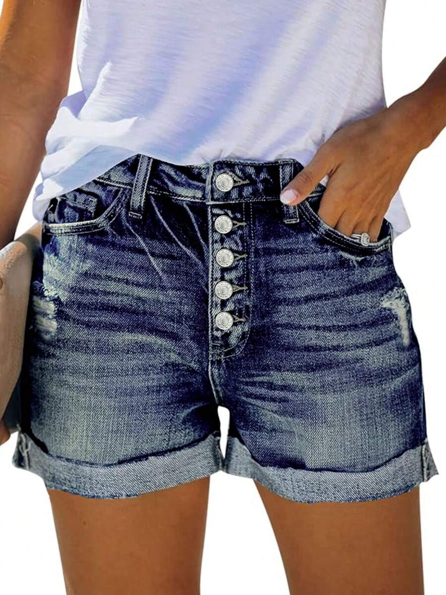 STLY 新款经典复古街头风卷边做旧前扣门襟修身蓝色水洗牛仔短裤休闲 - 深藍色 - 查看 1