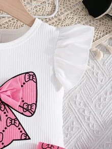 2pcs/Set Girls' Summer Outfit With Ruffle Cuff Blouse And Fashionable Pleated Skirt, Simple Design For Little Girls